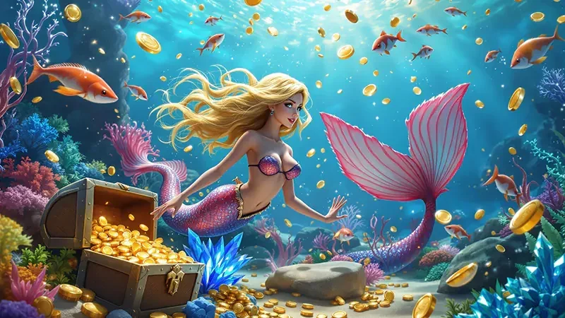 Meriam dan target ikan berwarna-warni dalam adegan arcade bawah laut JEEPTOTO
