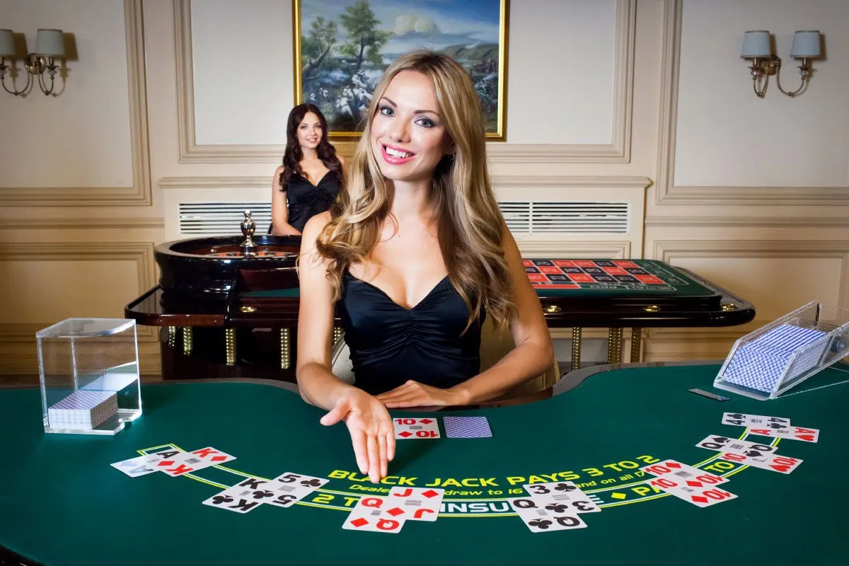 Tampilan meja kasino live dengan dealer dan suasana permainan real-time